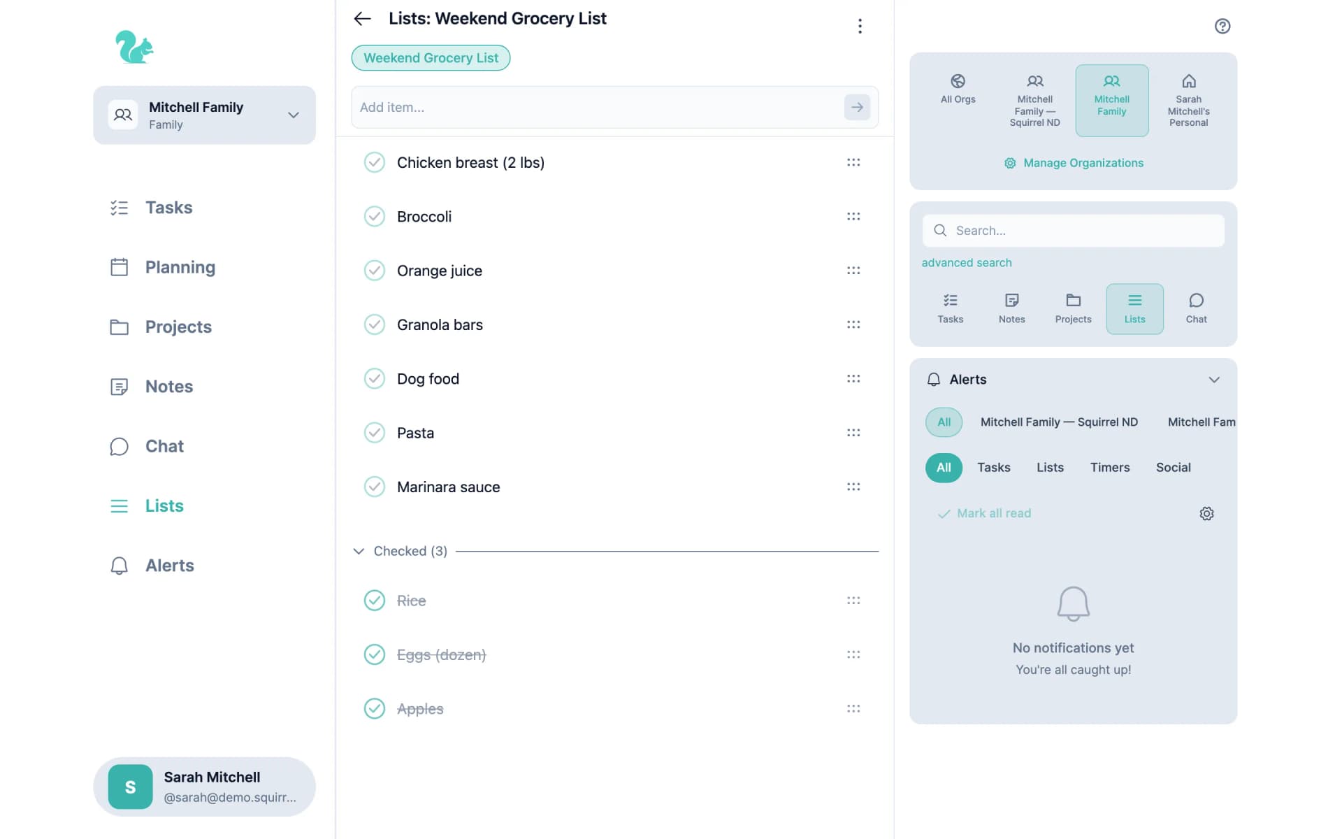 Shared family list view in Squirrel