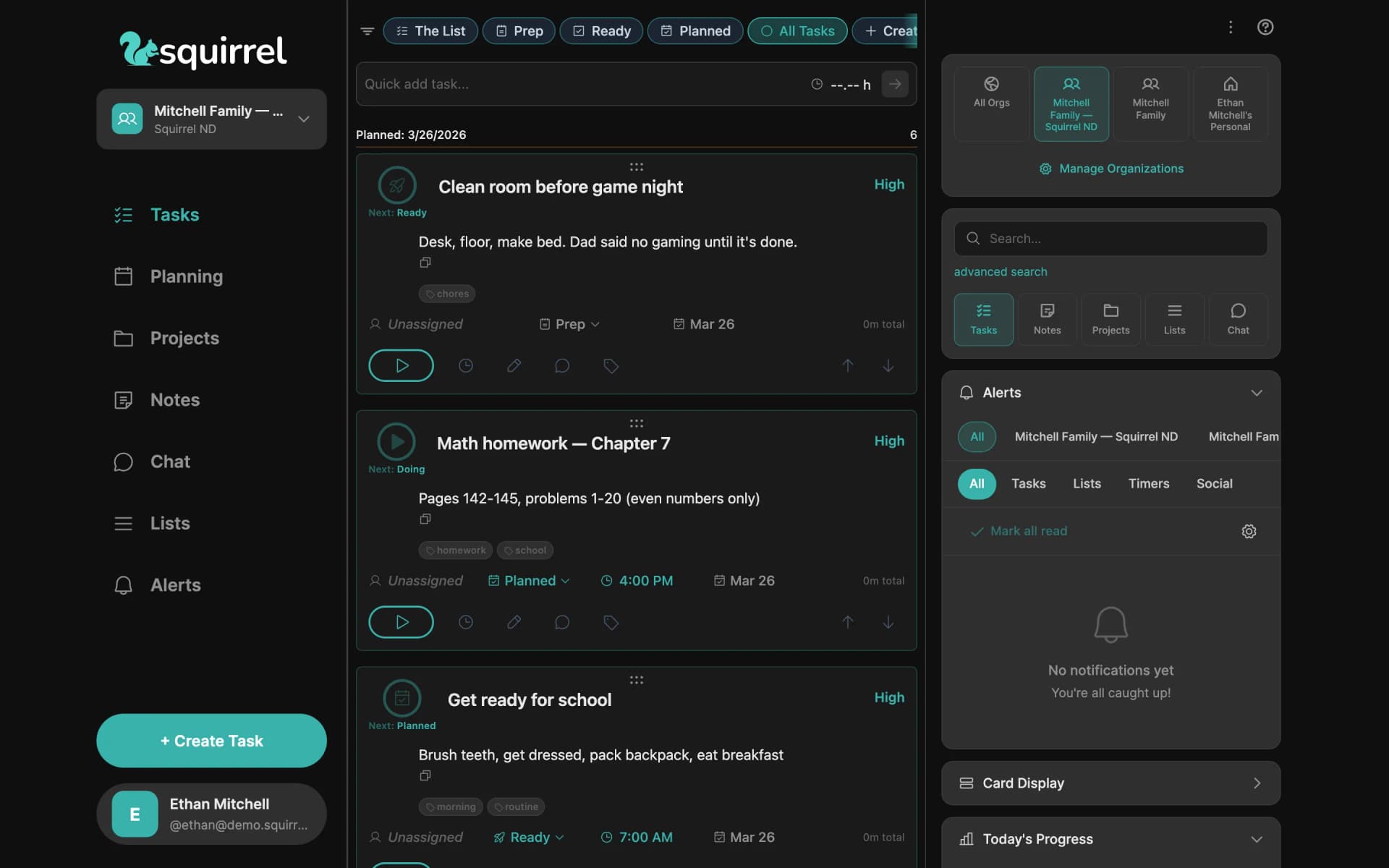 Daily progress view showing completed tasks and time estimation accuracy in Squirrel