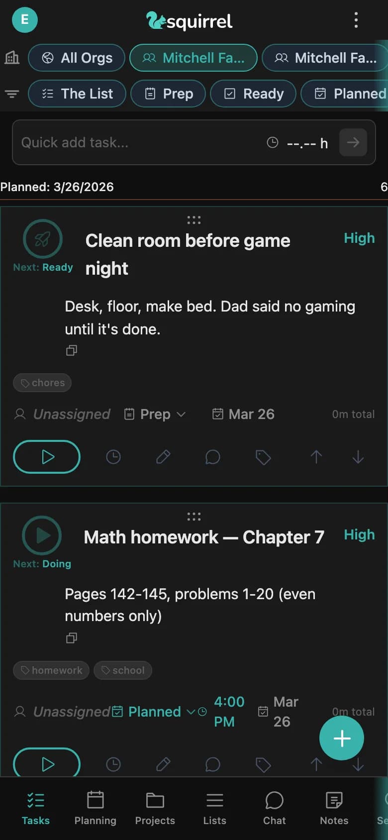 Squirrel executive function app on mobile — tasks and time management on the go