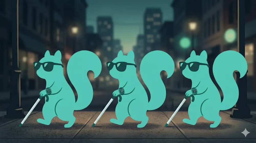 Three cartoon squirrels walking down a city street wearing sunglasses and carrying white canes with digital watches - illustrating time blindness