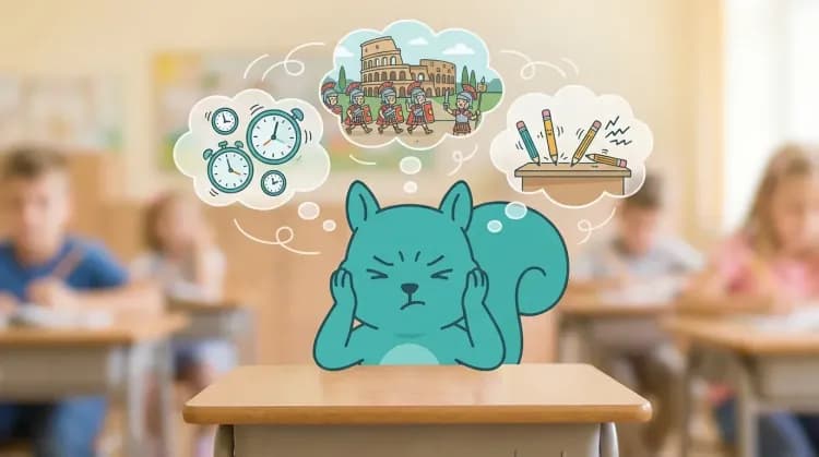 Teal squirrel crouched under school desk with hands over ears during sensory overload - Dabrowski overexcitability illustration