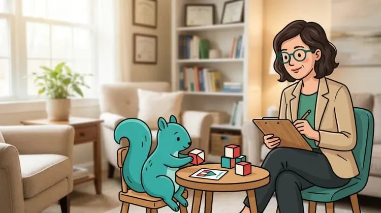A teal Squirrel character works on a WISC-V Block Design task at a small table in a warm therapeutic office while Dr. Wells, a clinician with a clipboard, observes attentively — representing a neuropsychological evaluation session.