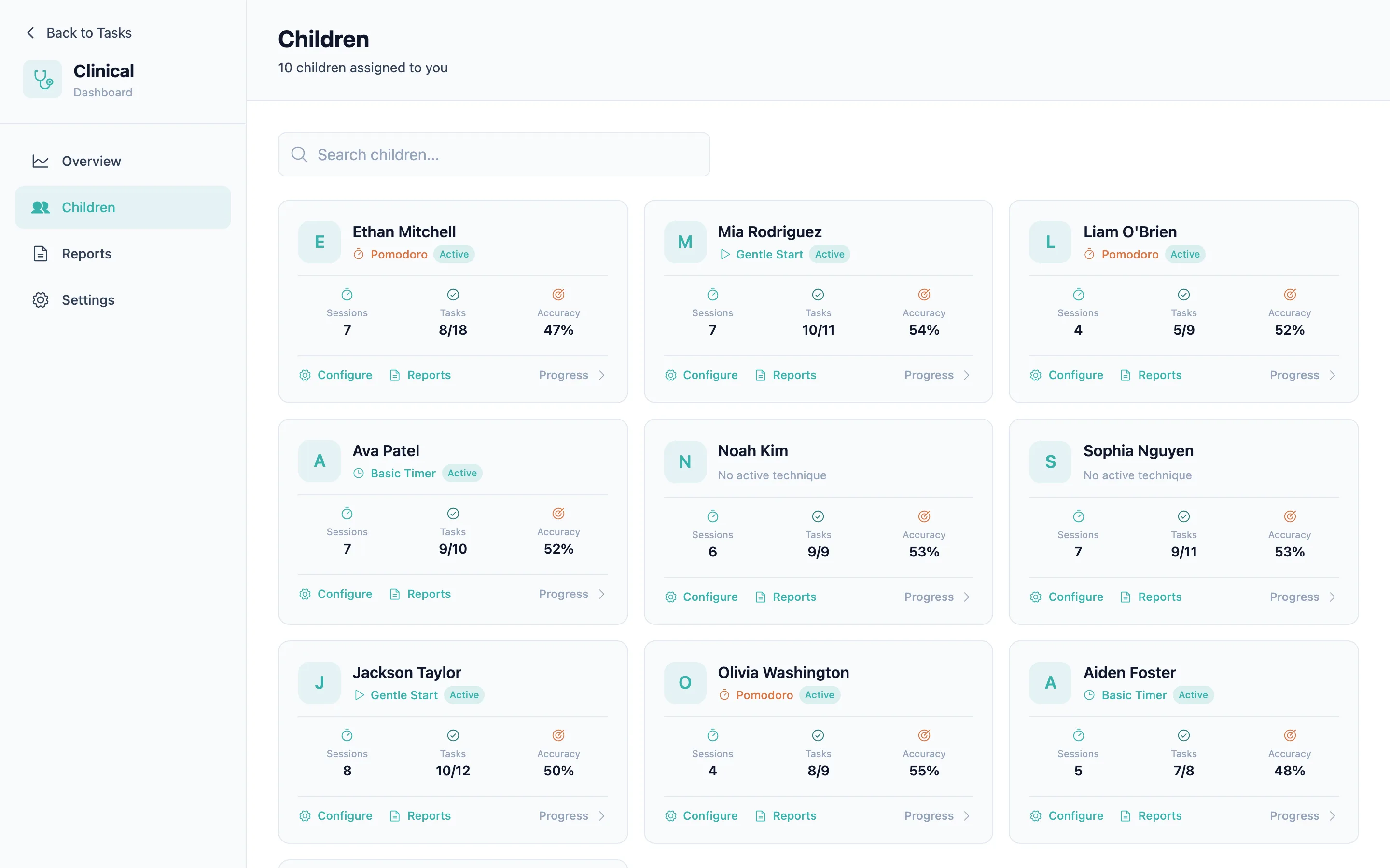 Clinical patient list with executive function metrics — per-child progress scores and quick action links