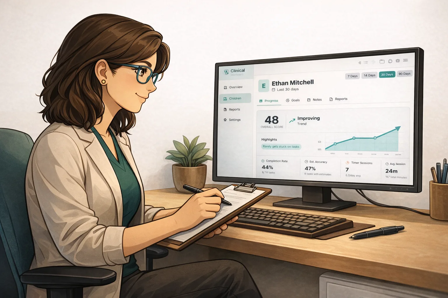 Therapist using Squirrel executive function clinical portal — reviewing ADHD client progress data with upward-trending metrics