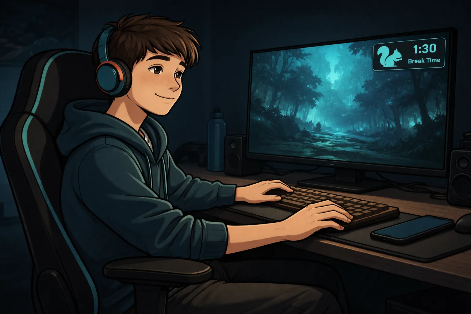 Teen with ADHD at gaming setup — Squirrel time blindness overlay visible on widescreen monitor during gameplay, teal gaming atmosphere
